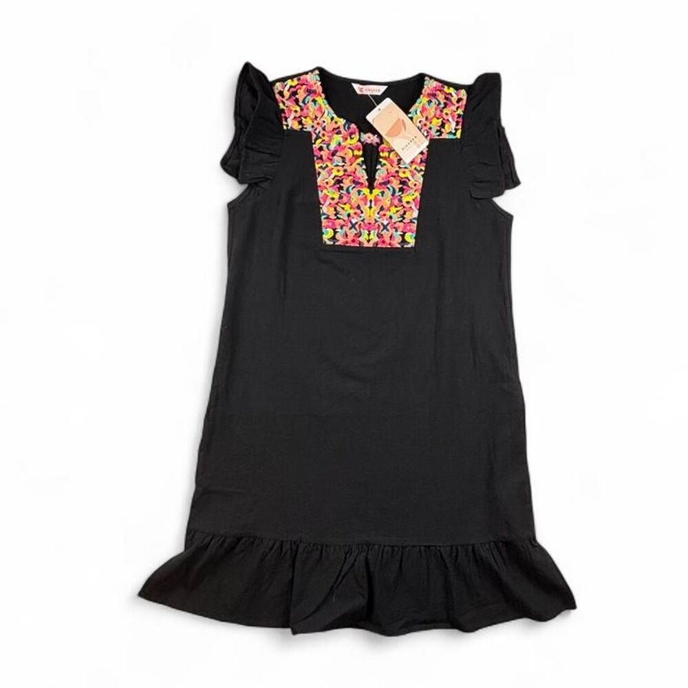 NWT Kirundo Black Floral Embroidered Ruffle Shift Dress Women’s Small